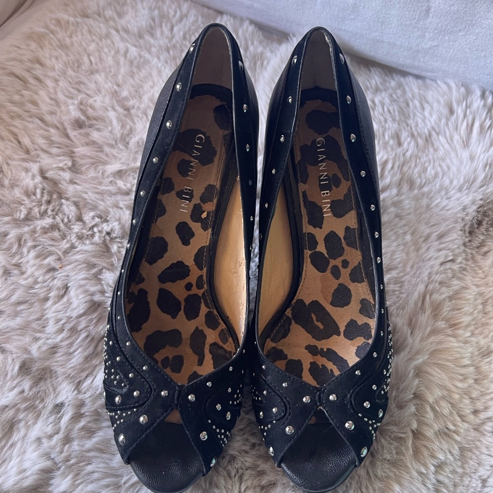 Gianni Bini Black Studded Peep-Toe Flats with Leopard Insole